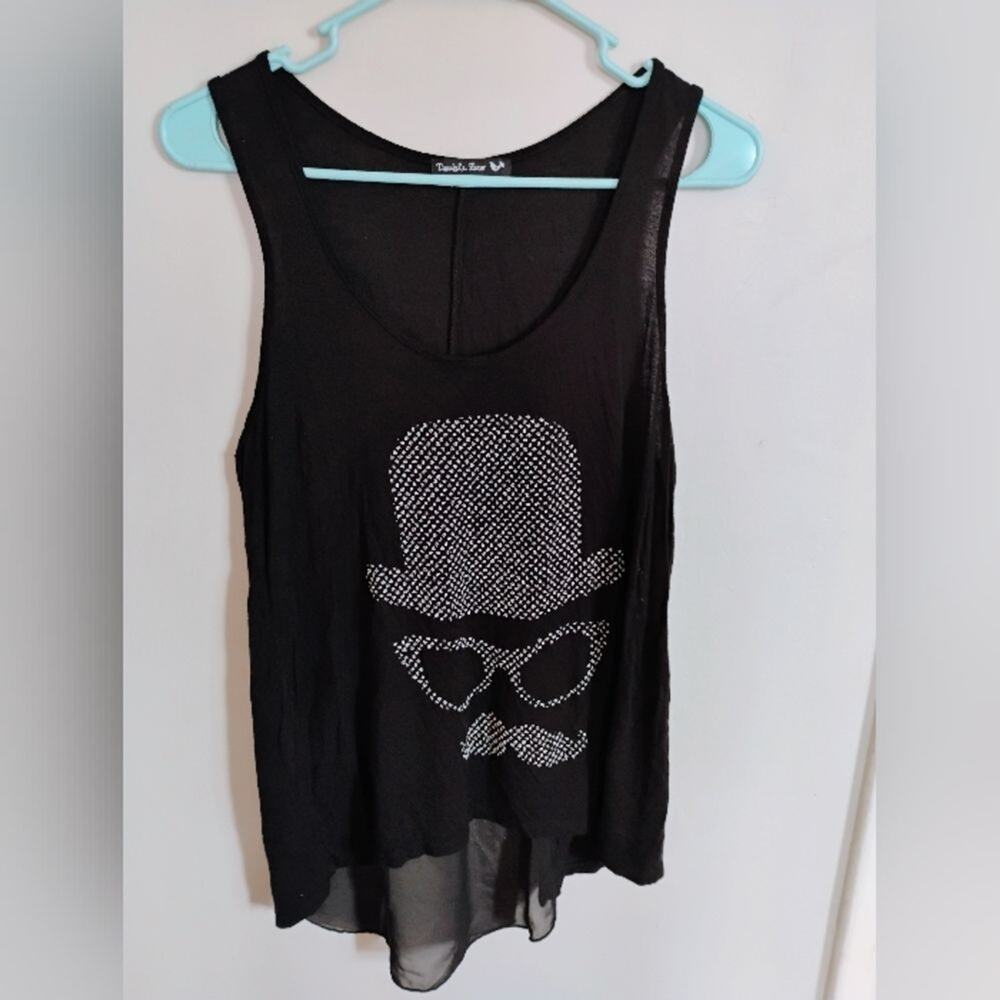 Double Zero Skull Tank Top Womens Medium Black Rhinestone Graphic Sheer Hem